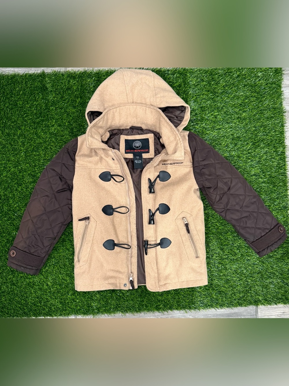 Weatherproof Girls Hooded Toggle Coat Beige/Brown Sz 7 Full Zip Lined Pockets